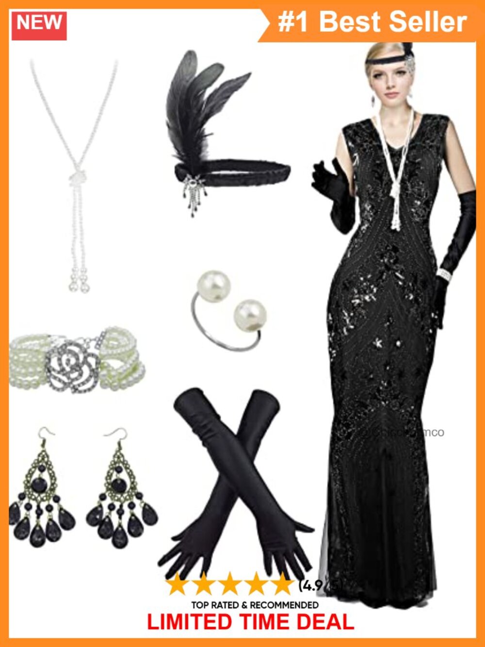 1920s Floral Sequin Fringe Maxi Dress with 20s Accessories Set